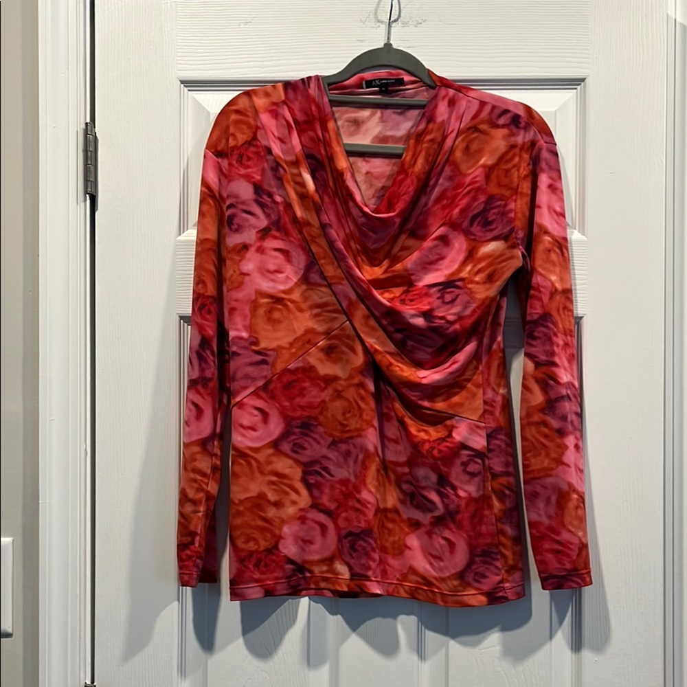 Anne Klein Bold Red and Pink Floral Drape Top Size M